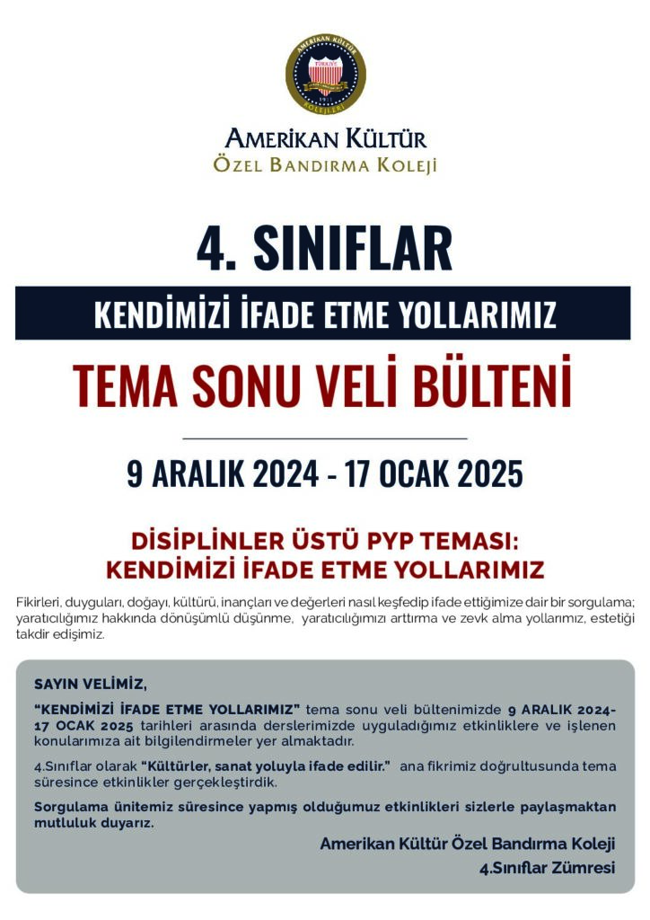 thumbnail of 4.SINIF KENDİMİZİ İFADE ETME YOLLARIMIZ TEMA SONU VELİ BÜLTENİ