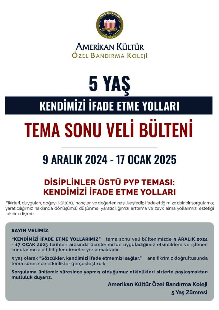 thumbnail of ANAOKULU 5 YAŞ KENDİMİZİ İFADE ETME YOLLARIMIZ TEMA SONU VELİ BÜLTENİ